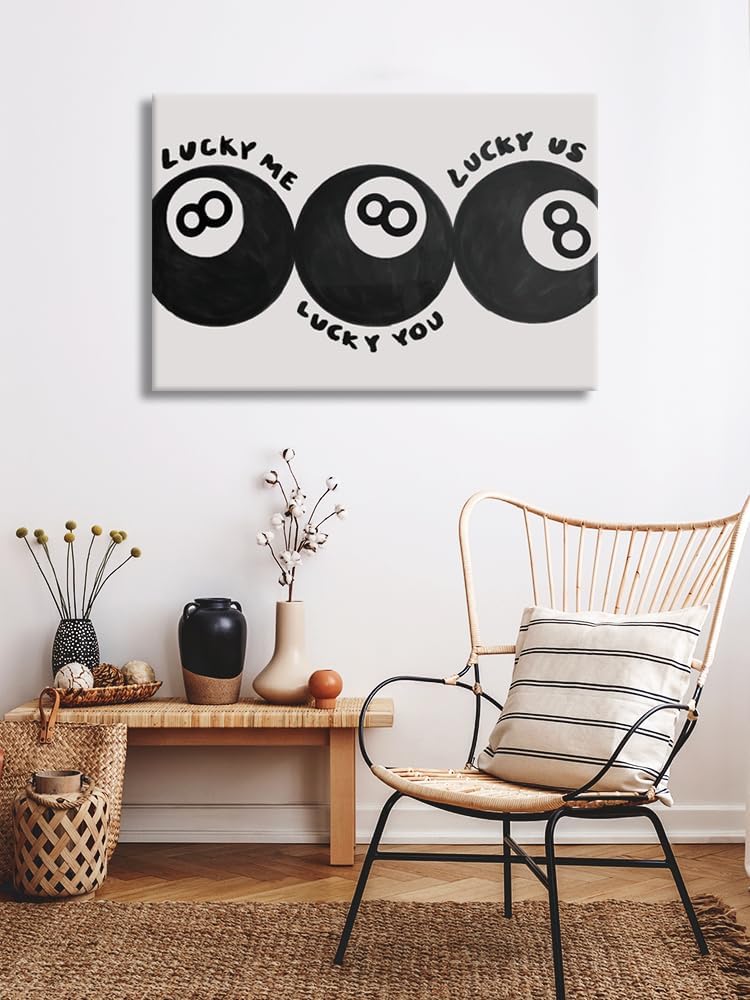 Lucky Me Lucky You Lucky Us Quote Cool Canvas Wall Art Vintage Black 8 Balls Poster Playful Billiards Print Paintings Trendy Aesthetic Pictures Decor for Home Game Room Bar Cart 16x24inch Framed