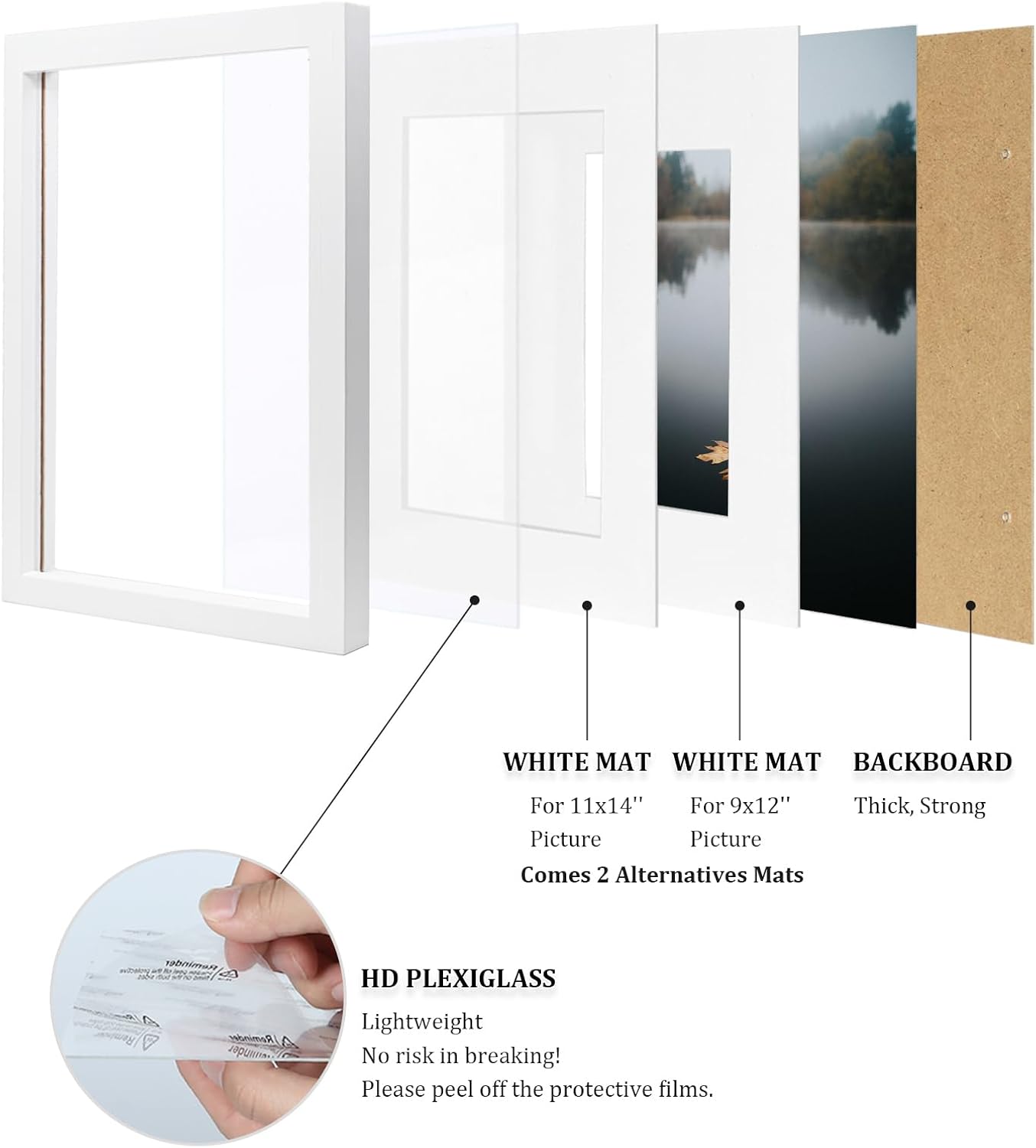 Egofine 12x16 Picture Frames Set of 4, Made of Solid Wood Covered by Plexiglass 9x12 and 11x14 with Mat or 12x16 without Mat, for Wall Mounting Photo Frame White