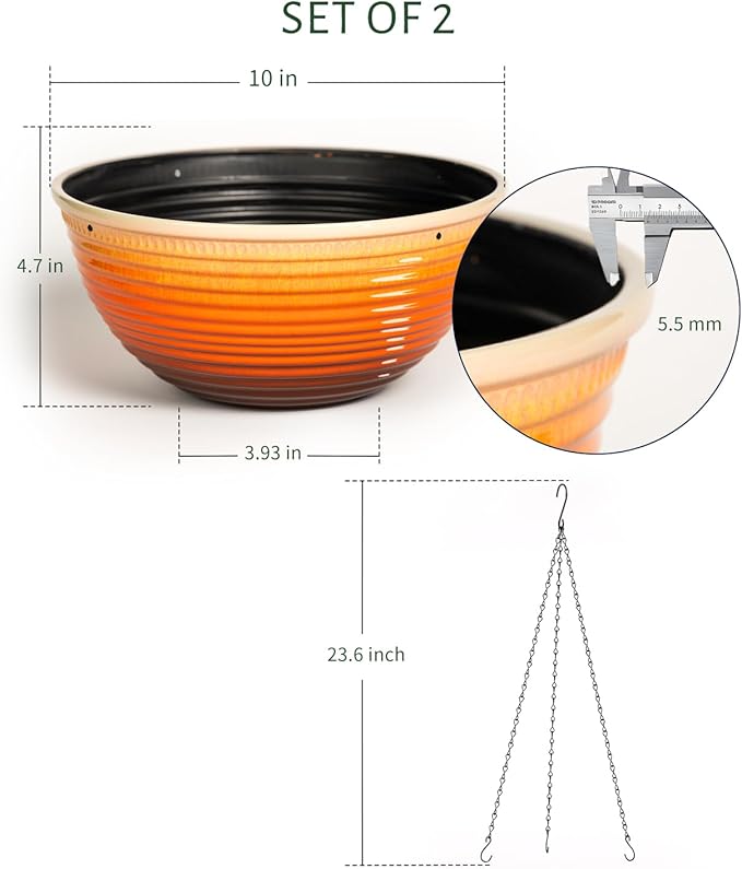 2 Pack Hanging Planters for Indoor Outdoor Plants, 10 Inch Hanging Planter with Drainage Hole & Plug Glazed Hanging Baskets Flower Pots for Garden Home, Orange