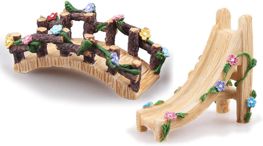Kai Dream Miniature Fairy Garden Accessories Set, 2 Piece Resin Decorative Landscape Kit with Bridge and Slide, Floral Garden Ornaments