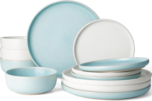 Famiware Milkyway Plates and Bowls Sets, 12 Pieces Dinnerware Sets, Reactive Glaze Dish Set, Stoneware Dishes Set for 4, Matte Beige White & Light Blue