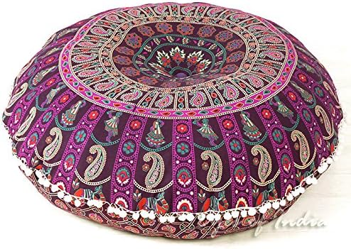 Eyes of India - 32" Purple Burgundy Floor Meditation Pillow Cushion Seating Throw Cover Mandala Hippie Round Colorful Decorative Bohemian Accent Boho Chic Dog Bed Indian Handmade Cover ONLY