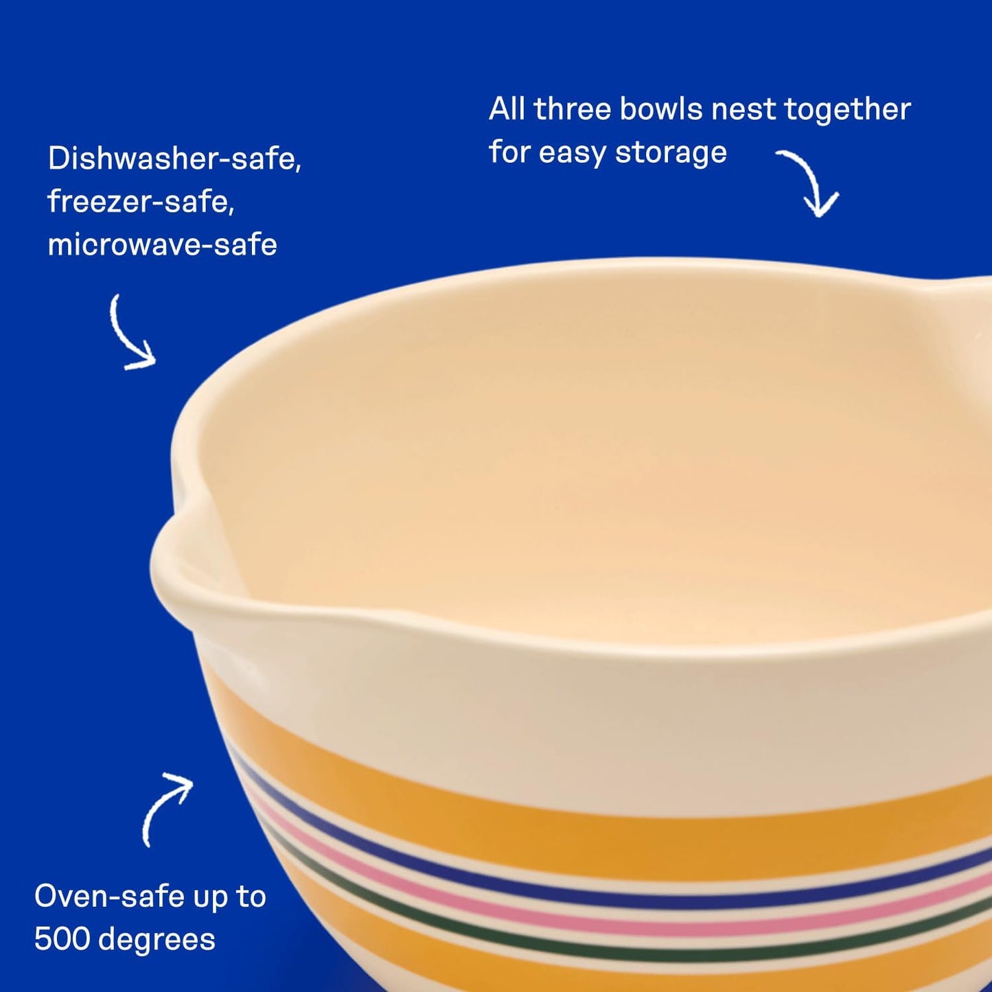 Great Jones Stir Crazy 3-Piece Stackable Ceramic Mixing Bowl Set (6.8", 9.1", 12") | Dishwasher, Freezer & Microwave Safe | Perfect for Baking, Serving & Mixing | Nestable for Easy Storage (Striped)