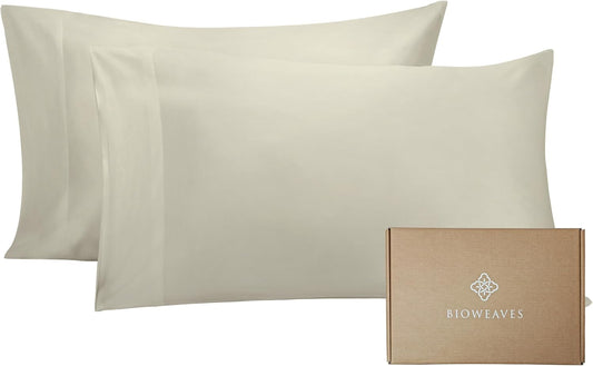Bioweaves 100% Organic Cotton Pillow Cases 300 Thread Count Soft Sateen Weave GOTS Certified – Standard/Queen Size, Set of 2, Sand