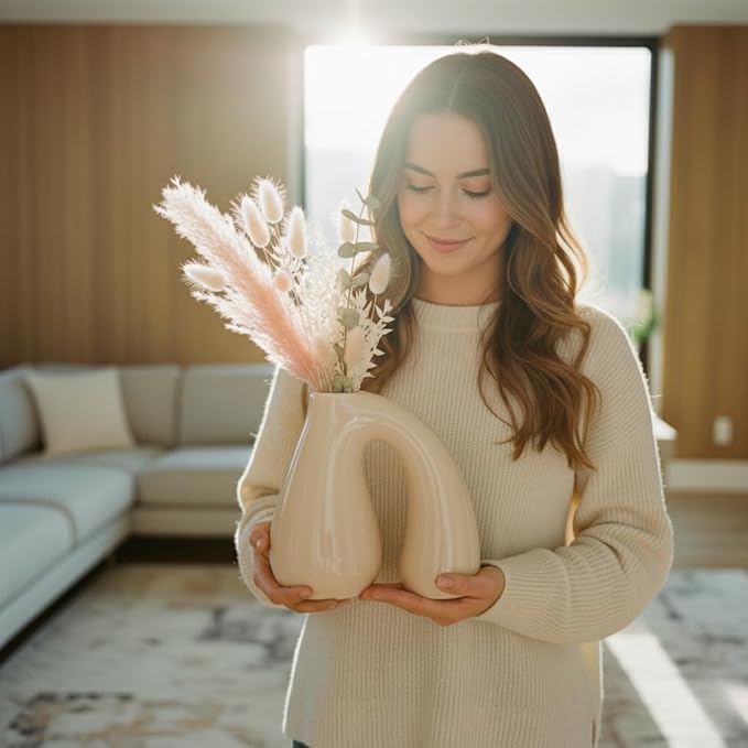 White Ceramic Decorative Pitcher Vase, 7.5 in – Glossy Sculptural Arch-Handle, Modern Home Décor Accent for Fresh or Dried Floral Arrangements, Table/Shelf/Entryway, Giftable