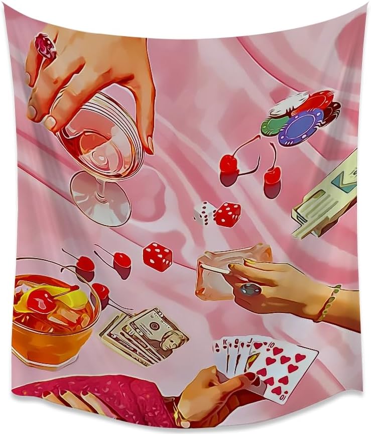 Medpol Retro Casino Night Tapestry Pink Poker Dice Cocktail Wall Hanging Vintage Gambling Aesthetic Decor Tapestries Unique Boho Home Accent Piece for Bedroom Living Room 50x60inch