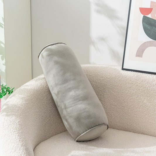 Cylinder Bolster Throw Pillow Roll Neck Pillow Velvet Round Bolster Decorative Throw Pillow for Couch & Bed Cervical Neck Pillow for Neck Home Office Car Decor (Grey)