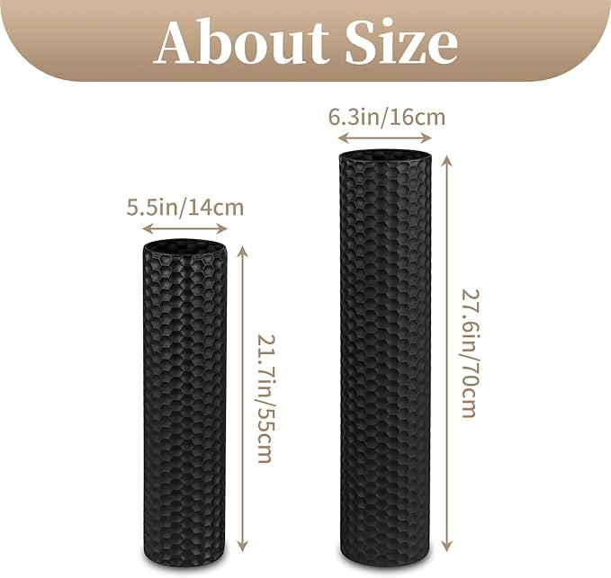 Sziqiqi Black Cylinder Tall Floor Vase: 27.6/21.7in Metal Extra Large Decorative Vase Set of 2 Living Room Modern Honeycomb Texture Big Standing Vase for Dining Bedroom Home Corner Indoor Office