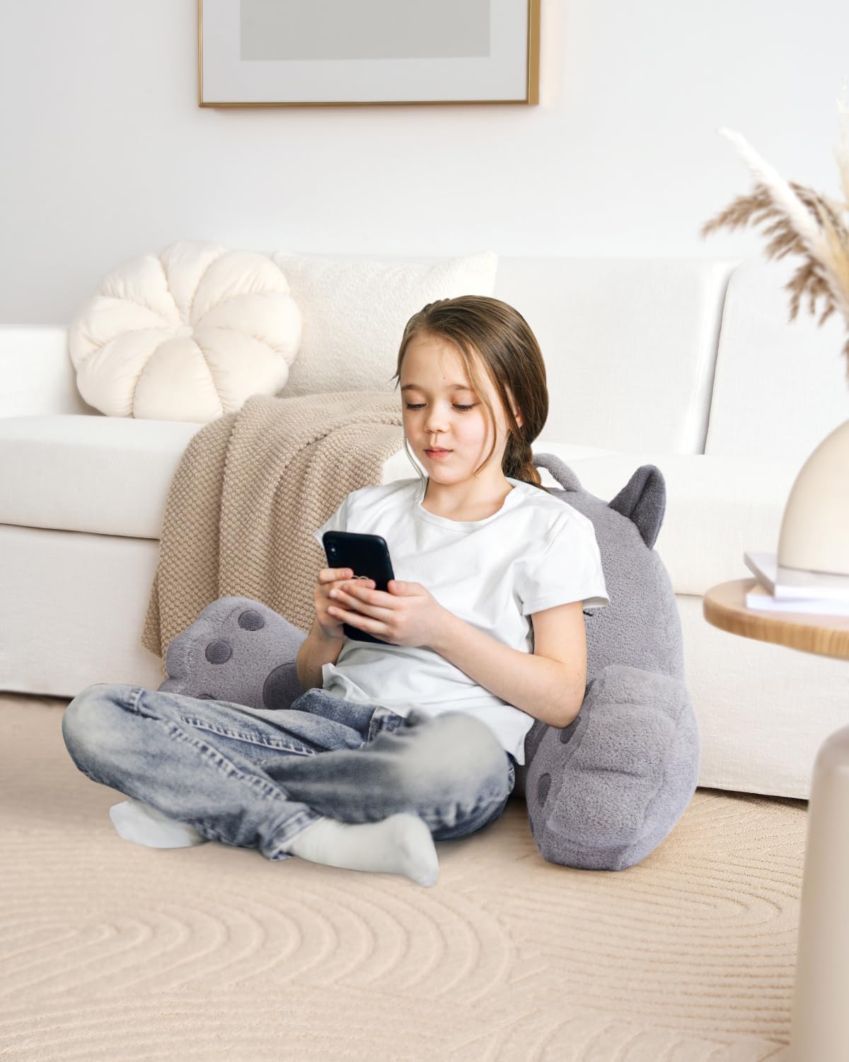 Blissful Diary Kitty Reading Pillow for Kids/Teens/Adults, Back Rest Pillow for Sitting Up in Bed with Shredded Memory Foam, Includes Arms and Washable Cover, Light Gray
