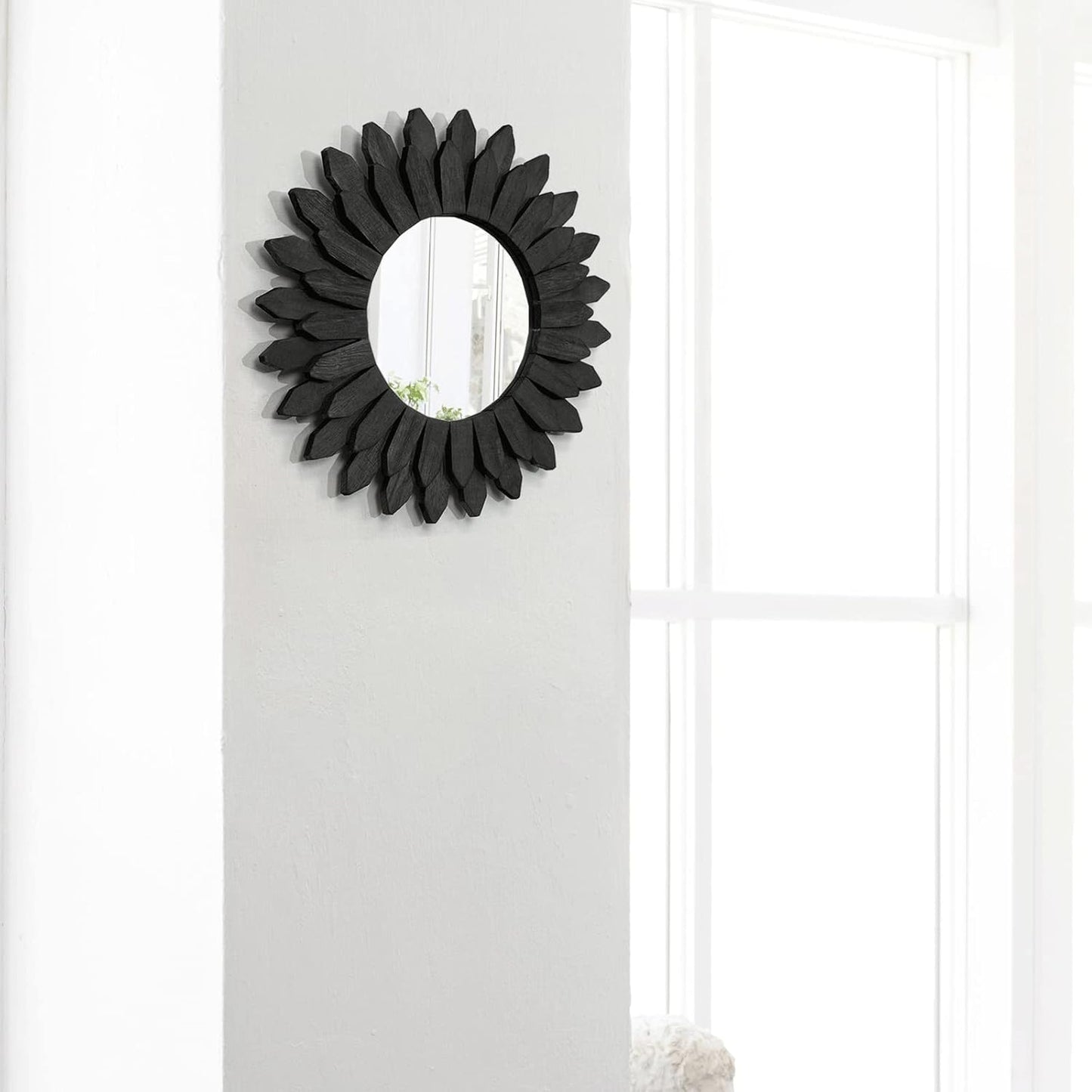 Honiway Black Wall Decor Wall Mirror 12 inch Boho Wall Decor Wood Decorative Mirror for Room Decor Home Decor for Bedroom Living Room Bathroom Kitchen Black