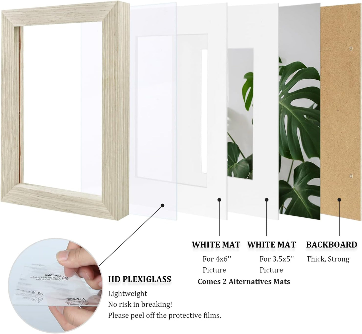 Egofine 5x7 Picture Frames Set of 4, Made of Solid Wood Covered by Plexiglass 3.5x5 and 4x6 with Mat or 5x7 without Mat, for Table Top Display and Wall Mounting Photo Frame Distressed Wood Grain