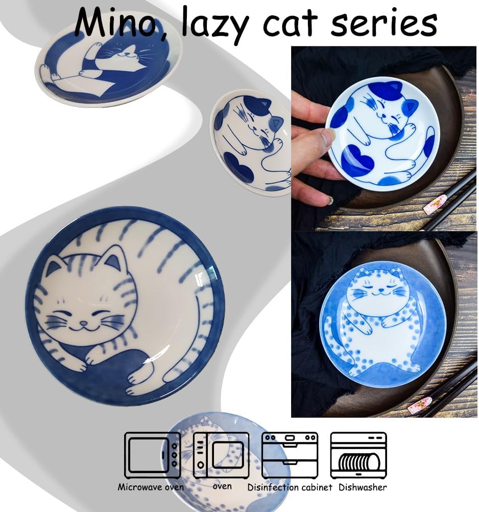 Cute Cat Soy Sauce Plate Set of 4, Japanese Ceramic Cat Bowls - Small 4 Inches Set for Appetizer, Dessert, Sushi - Serving Dish Set of 4