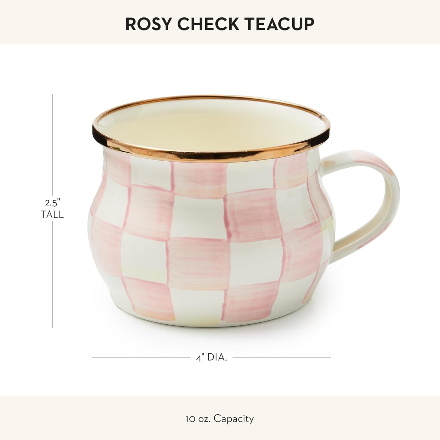 MACKENZIE-CHILDS Enamel Teacup, Unique Coffee and Tea Mug, Enamel Cup for Hot Tea, 10 Ounces, Pink-and-White Rosy Check