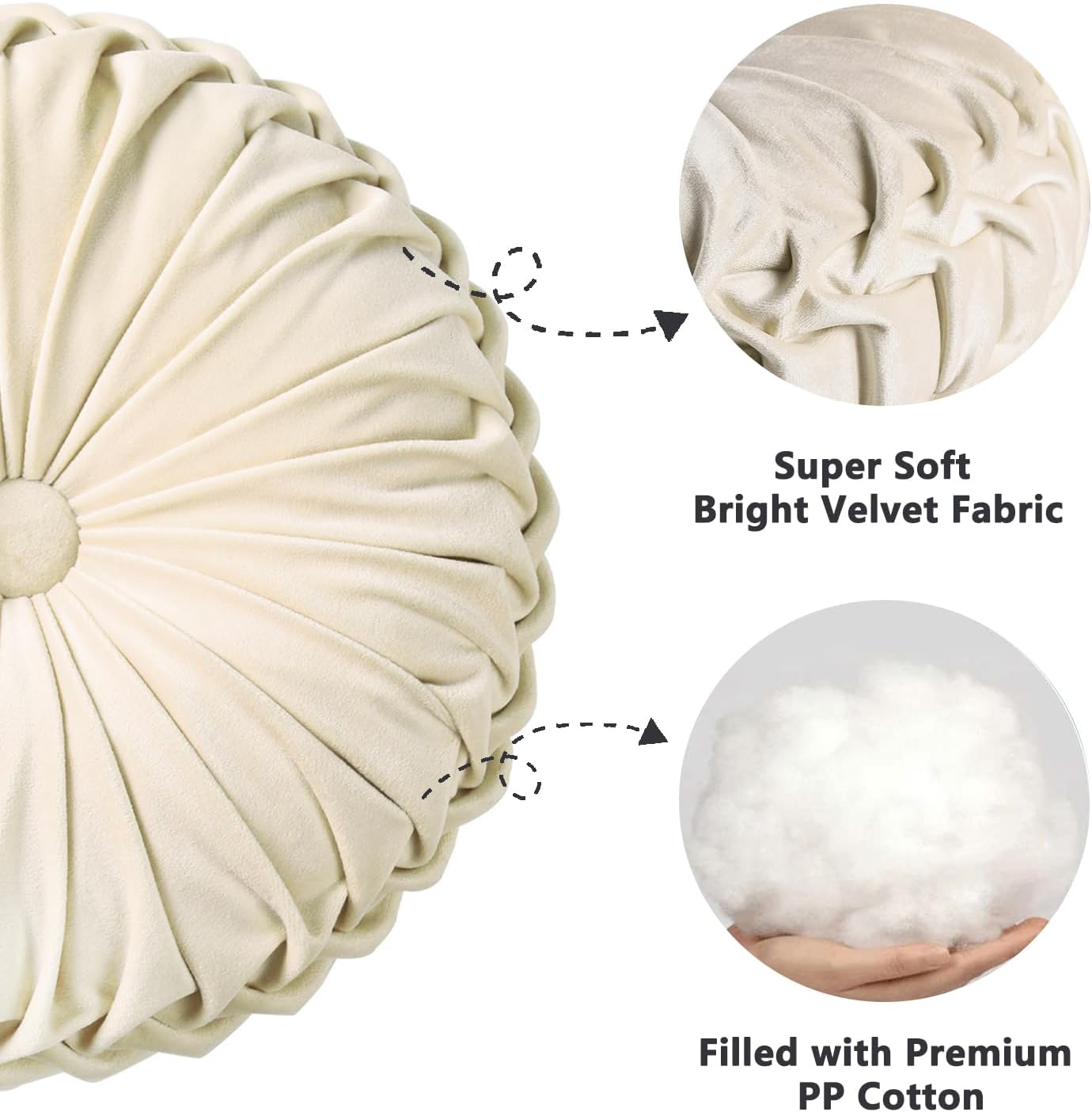 HIG Set of 2 Decorative Round Pleated Throw Pillows,Classy Accent Pumpkin Throw Pillows with Center Button,Vintage Velvet Floor Pillows for Sofa Vanity Chair Bed, Beige,14.6" Diameter(Ripple)