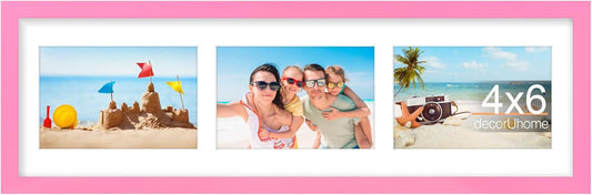 decorUhome 6x20 Picture Frames Collage Wall Decor, Display 3Pcs 4x6 Photos with Mat or 1Pcs 6x20 Unmatted, 3 4x6 Collage Picture Frames for Wall Mounting, Pink