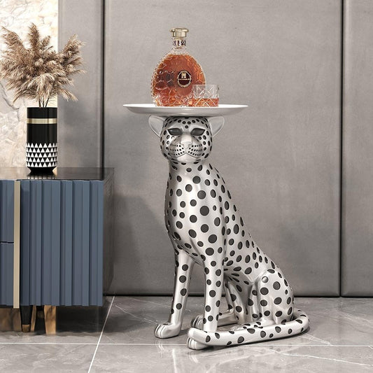 LOVEDIMA 24.2" Resin Panther Statue Luxury Silver Leopard Floor Figurine Accent Side Statue with Tray Top for Small Space Living Room Bedroom