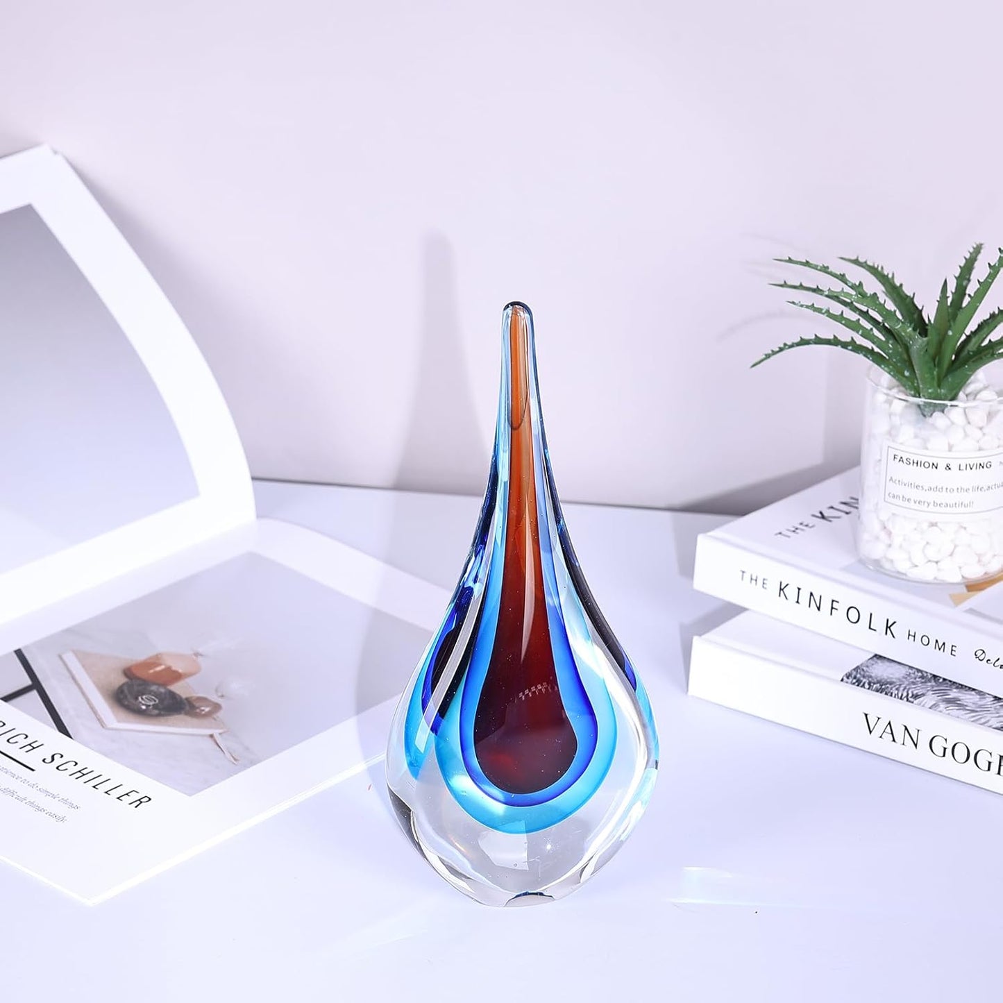 DOVDOV Blown Glass Sculpture, Blue and Brown Glass Art Teardrop Statue, Unique Ocean Theme Decoration for Office, Bookshelf, Dresser, Living Room Coffee Table, Fireplace countertop Decoration.