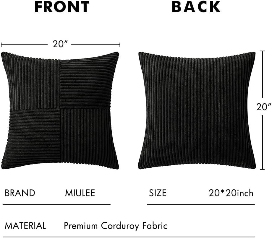 MIULEE Black Corduroy Pillow Covers Pack of 2 Boho Decorative Spliced Throw Pillow Covers Soft Couch Pillowcases Cross Patchwork Textured Cushion Covers for Living Room Bed Sofa 20x20 inch
