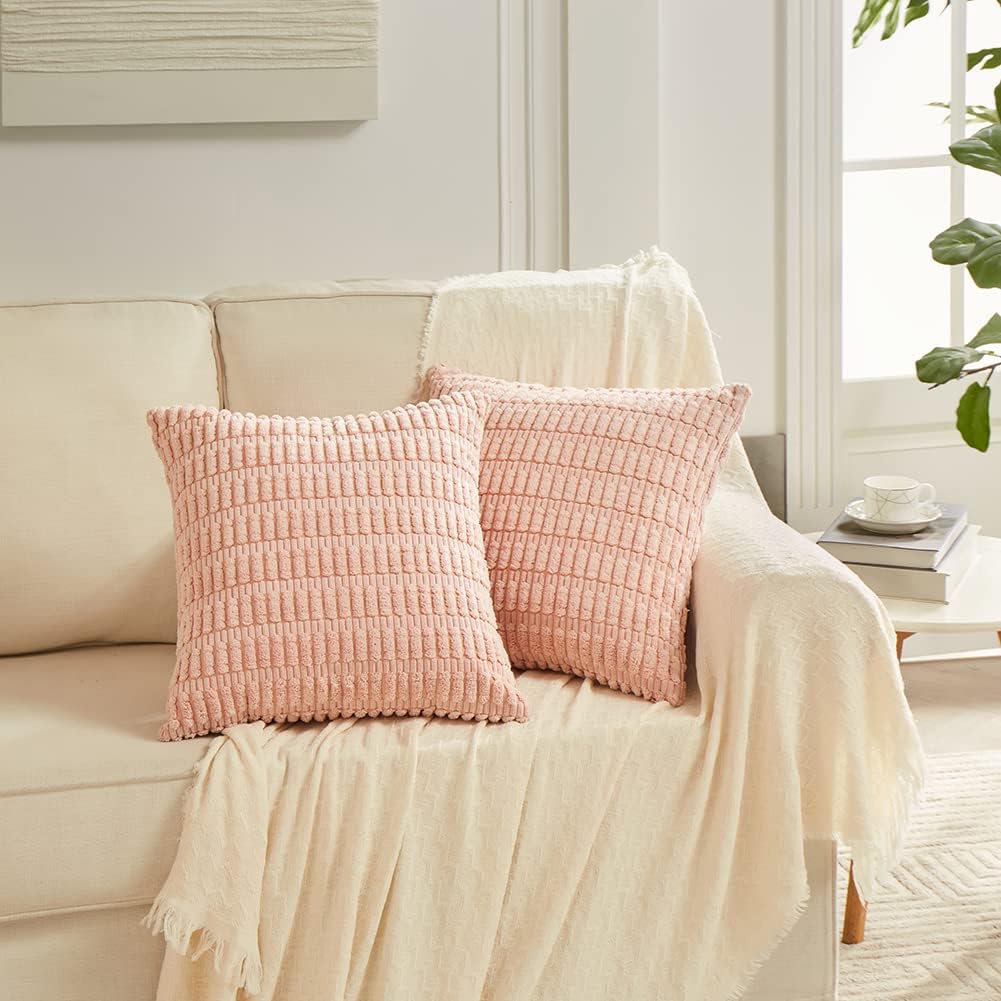 Fancy Homi 4 Packs Boho Pink Decorative Throw Pillow Covers 18x18 Inch for Living Room Couch Bed Sofa, Rustic Modern Farmhouse Home Decor, Soft Plush Corduroy Cute Square Cushion Case 45x45 cm