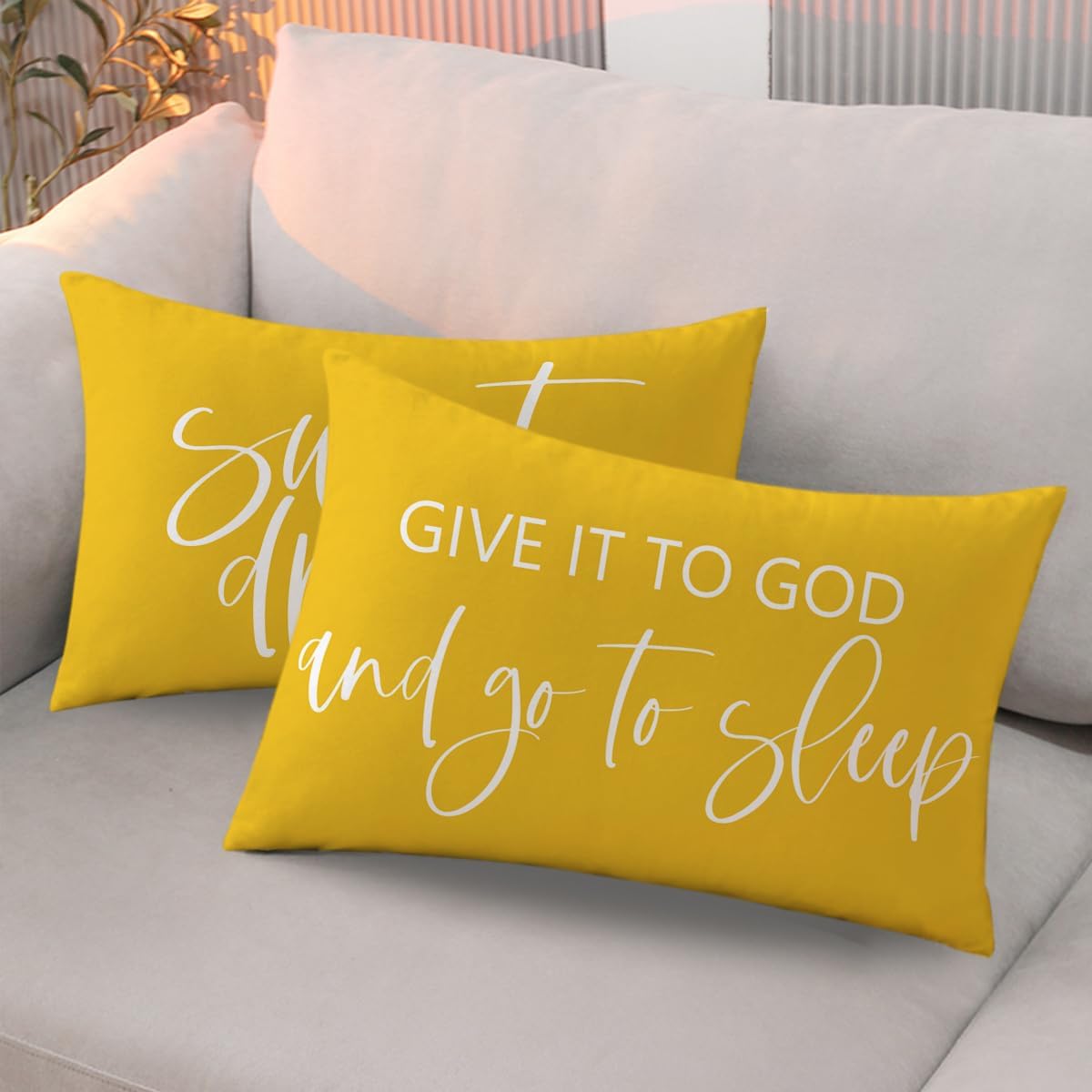 Bedding Decorative Pillowcases Reversible Give It to God and Go to Sleep Cushion Covers Sleep Themed Throw Pillow Covers 12''x20'' for Bedroom Guest Room Housewarming Gifts (Yellow)