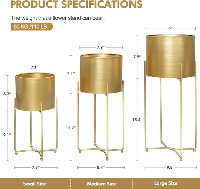 Sinolodo Gold Planters for Indoor Plants, Mid Century Floor Standing Tall Planter with Stands, 9/8/7 inch Plant Pots for Living Room Bedroom Office