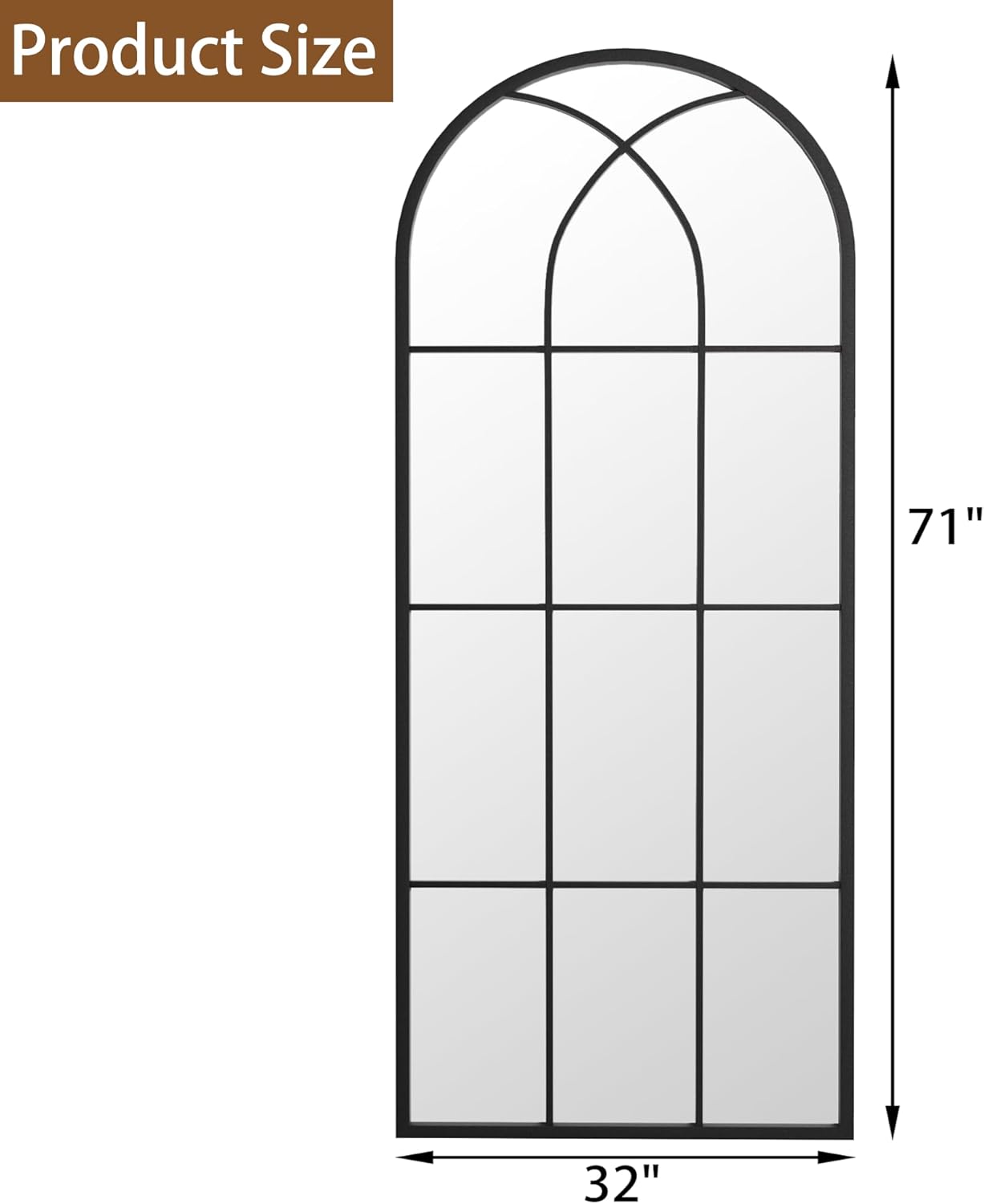 Mirror Full Length, 71"x32" Large Arched Mirror, Black Full Body Window Pane Mirrors, Oversize Farmhouse Standing Wall Mirrors Hanging or Leaning for Living Room, Entryway, No Stand