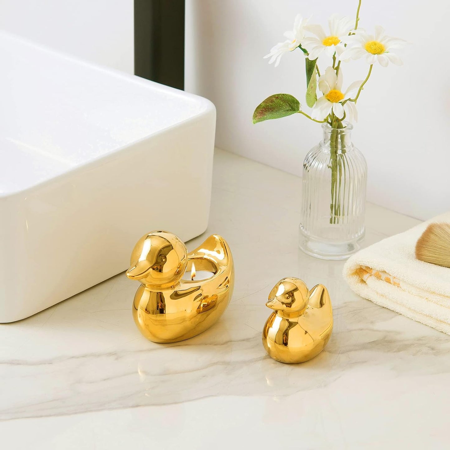 Home Decor Golden Ceramic Duck Figurines, Home Decor Animal Sculptures and Statues Handmade Artware Decor, Mini Duck