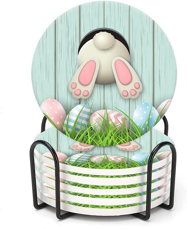 LOKMU Coasters for Drinks,Round Absorbent Ceramic Stone Coaster Sets of 6 with Metal Holder Stand,Bunny Bottom and Easter Eggs Coasters with Cork Base for Coffee Wooden Table,Housewarming Gifts