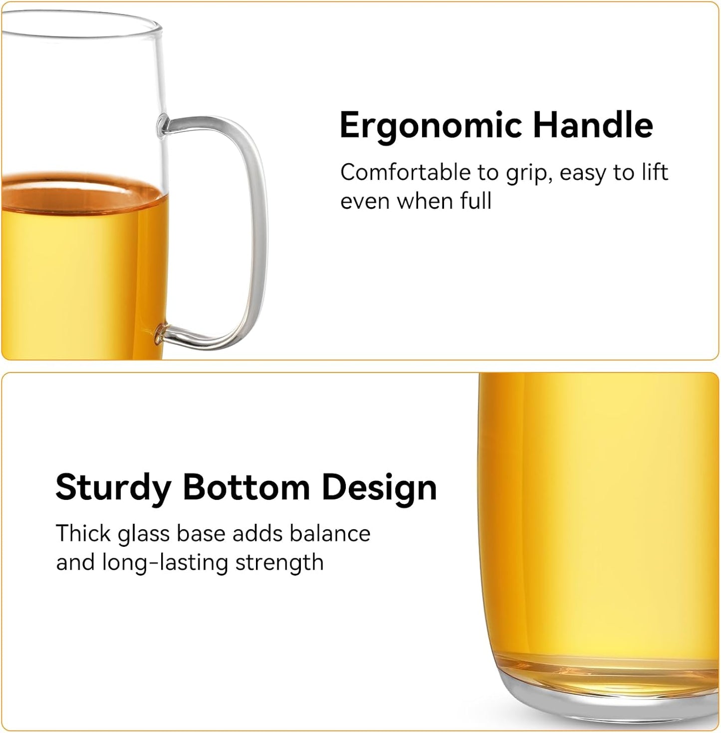 Glass Tea Cups Set of 2-13.5 Oz Clear Borosilicate Teacups with Handle Tea Glasses for Hot/Cold Dishwasher & Microwave Safe Large Coffee Mugs for Cappuccino Latte Juice Espresso Milk