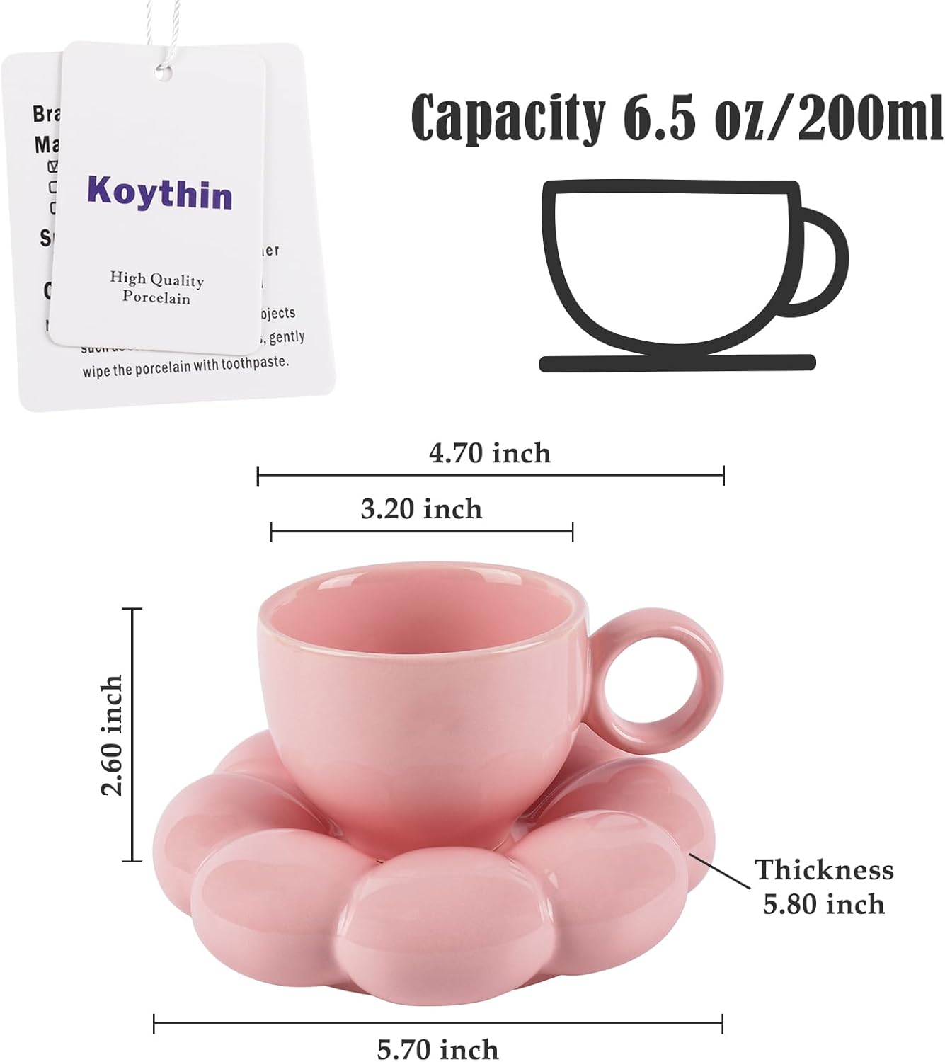 Koythin Ceramic Coffee Mug with Saucer Set, Creative Cute Cup with Sunflower Coaster for Office and Home, 6.5 oz/200 ml for Tea Latte Milk, Suitable for Mom on Mother's Day (Peach Pink)