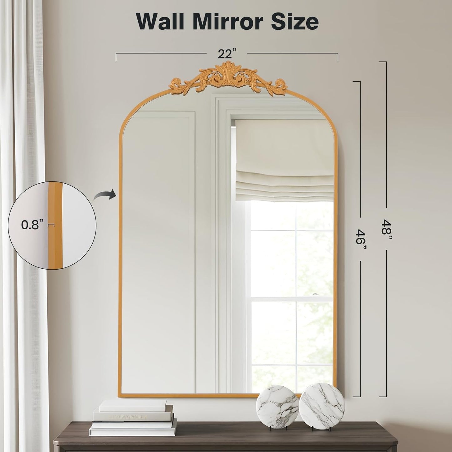 Filigree Arched Wall Mirror 22"x46" Retro Wall-Mounted Mirror with Vintage Ornate Carved Applique Hanging Leaning Antique Home Decor Mirror for Fireplace Living Room Entryway Hallway Bathroom, Gold