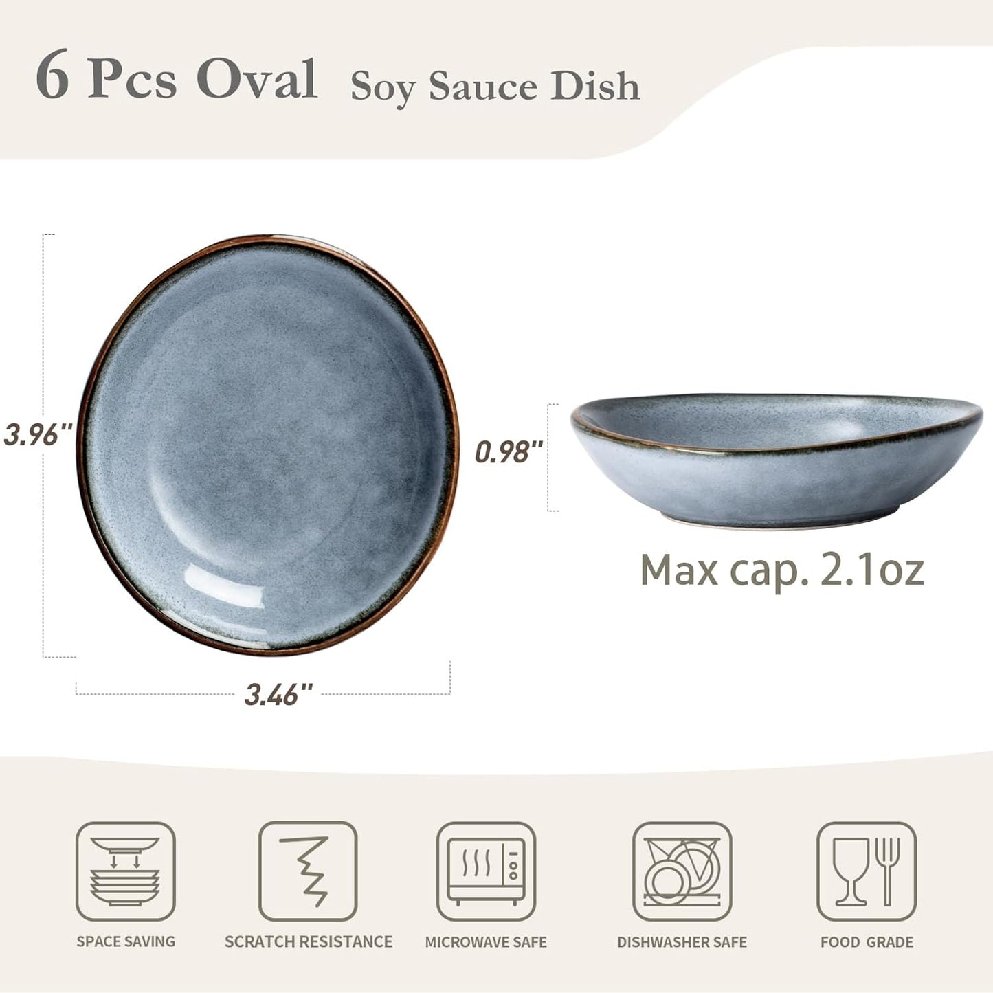famiware Ocean Soy Sauce Dishes of 6, Oval Dipping Sauce Cups/Bowls/Dishes for Kitchen, 2.1oz Ceramic Small Bowls for Side Dish, Appetizers, Snacks, and Sushi, Reactive Glaze, Dishwasher Safe, Blue