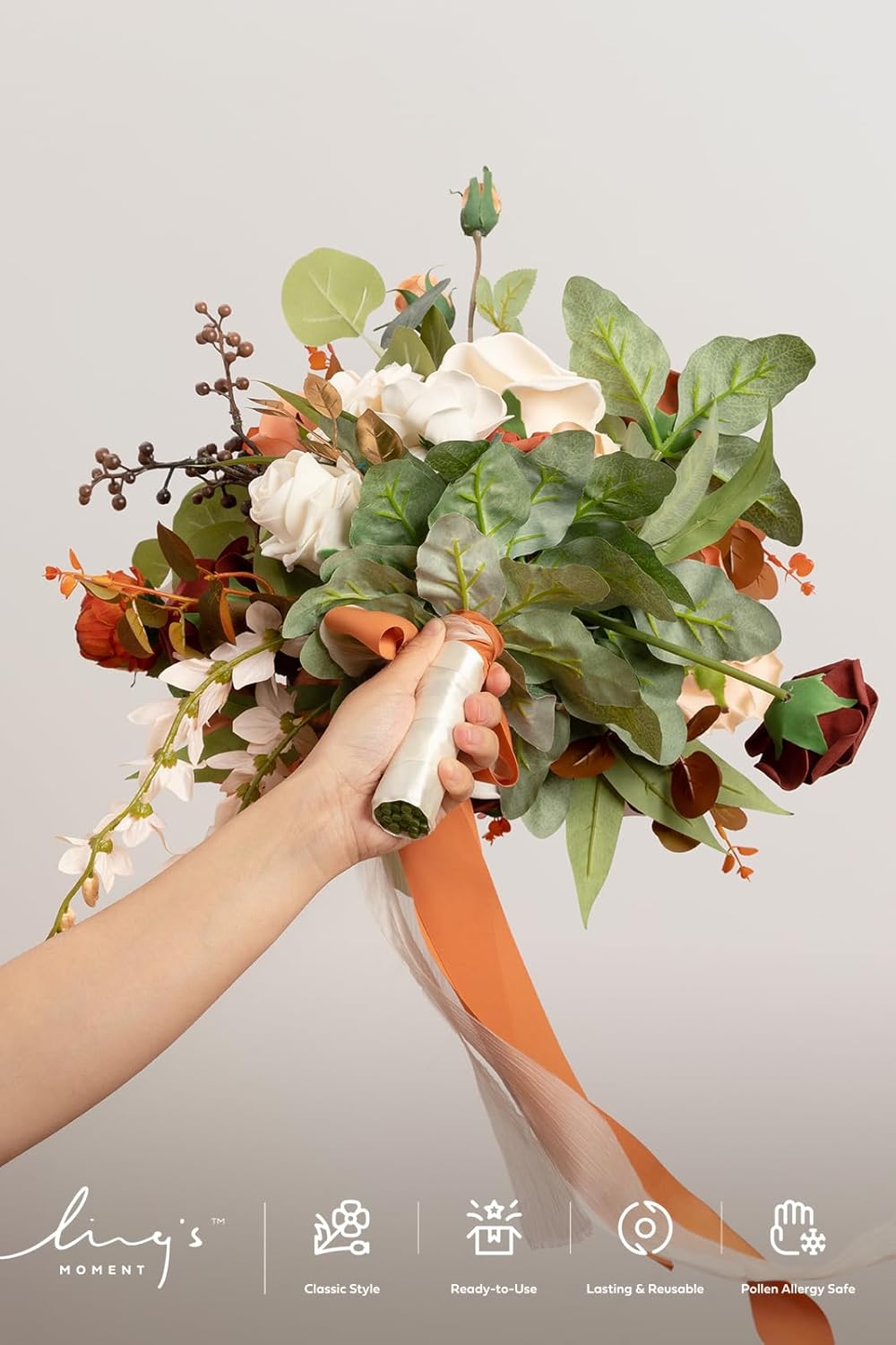 Ling's moment Terracotta Wedding Bouquets for Bride, Burnt Orange Bridal Bouquets for Bride, 15 Inch Free Form Artificial Wedding Flower Bouquet