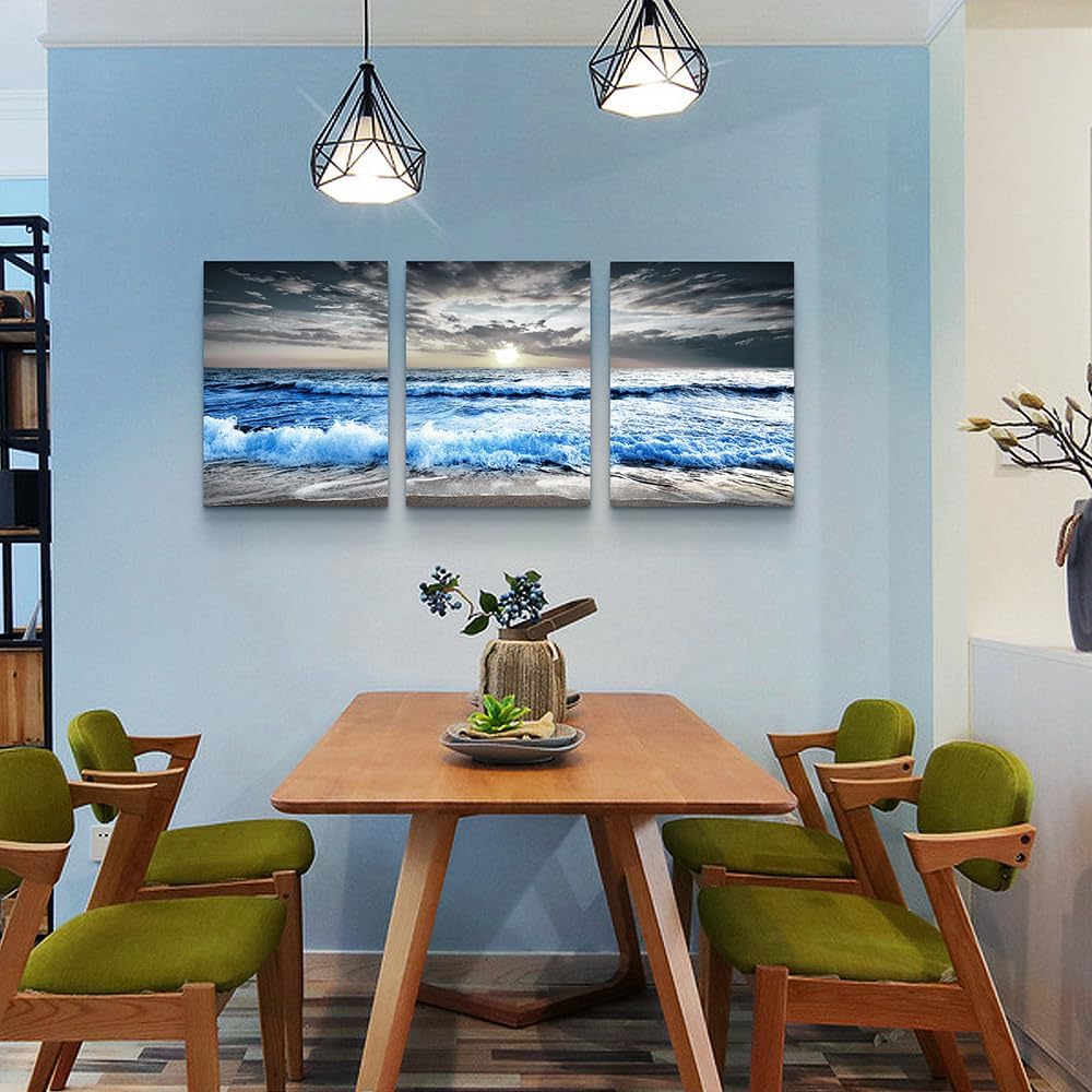 MHARTK66 Black and White Wall Art For Living Room Blue sea waves Canvas Wall Decor for Home Decor artwork painting 16" x 24" 3 Pieces Canvas Print For bedroom Decor Modern Salon kitchen Painting