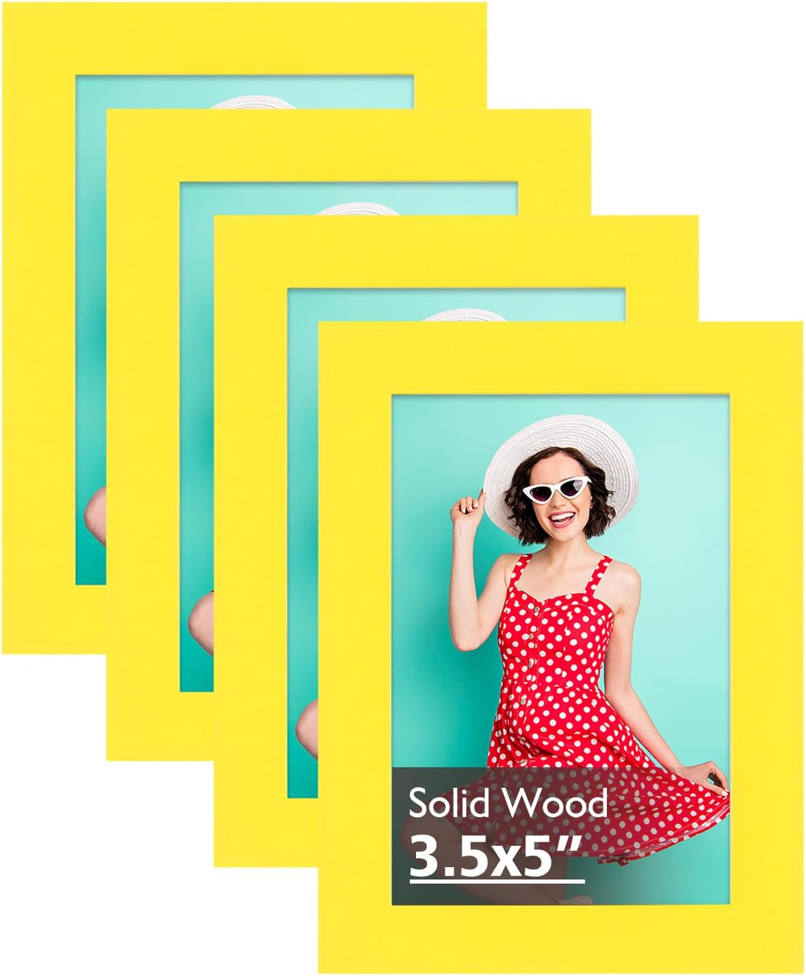KINLINK 3.5x5 Picture Frames Yellow, Solid Wood Frames with Plexiglass for Table Top and Wall Display, Photo Frames for Horizontal or Vertical Display, 4 Pack