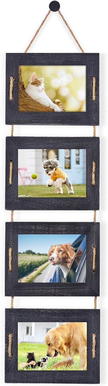 DLQuarts 5x7 Hanging Picture Frames Collage Wall Decor, 4-Opening, 3.5x5 With Mat or 5x7 Without Mat, Rustic Solid Wood Multi Picture Frames for Family, 1 Pack, Weathered Black