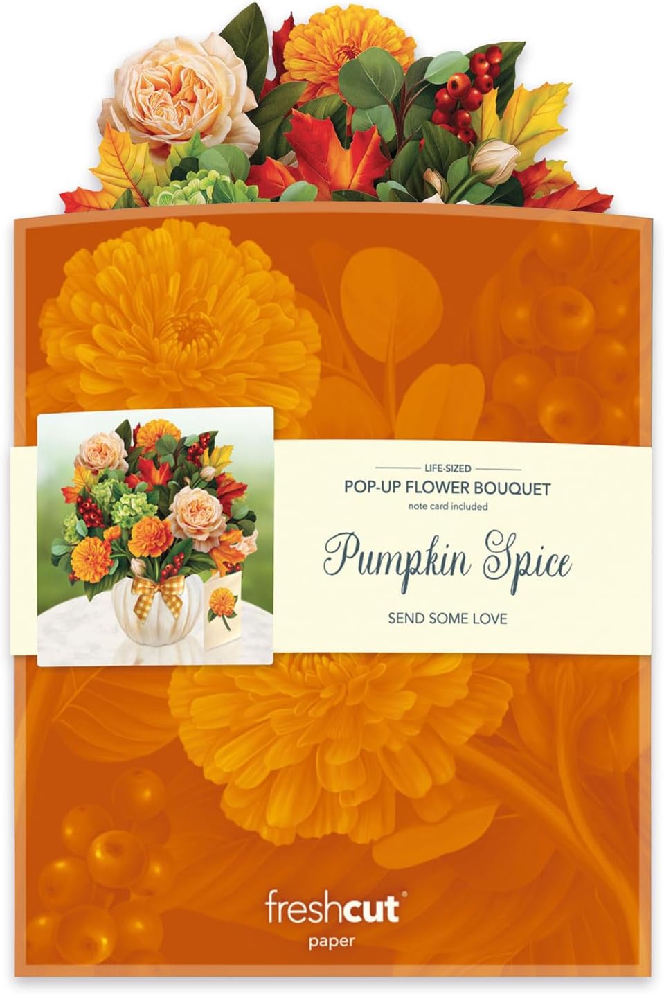 Freshcut Paper Pop Up Cards, Pumpkin Spice, 12 Inch Life Sized Forever Flower Bouquet 3D Popup Greeting Card, Autumn Cards, Birthday Card, Blank Notecard & Envelope