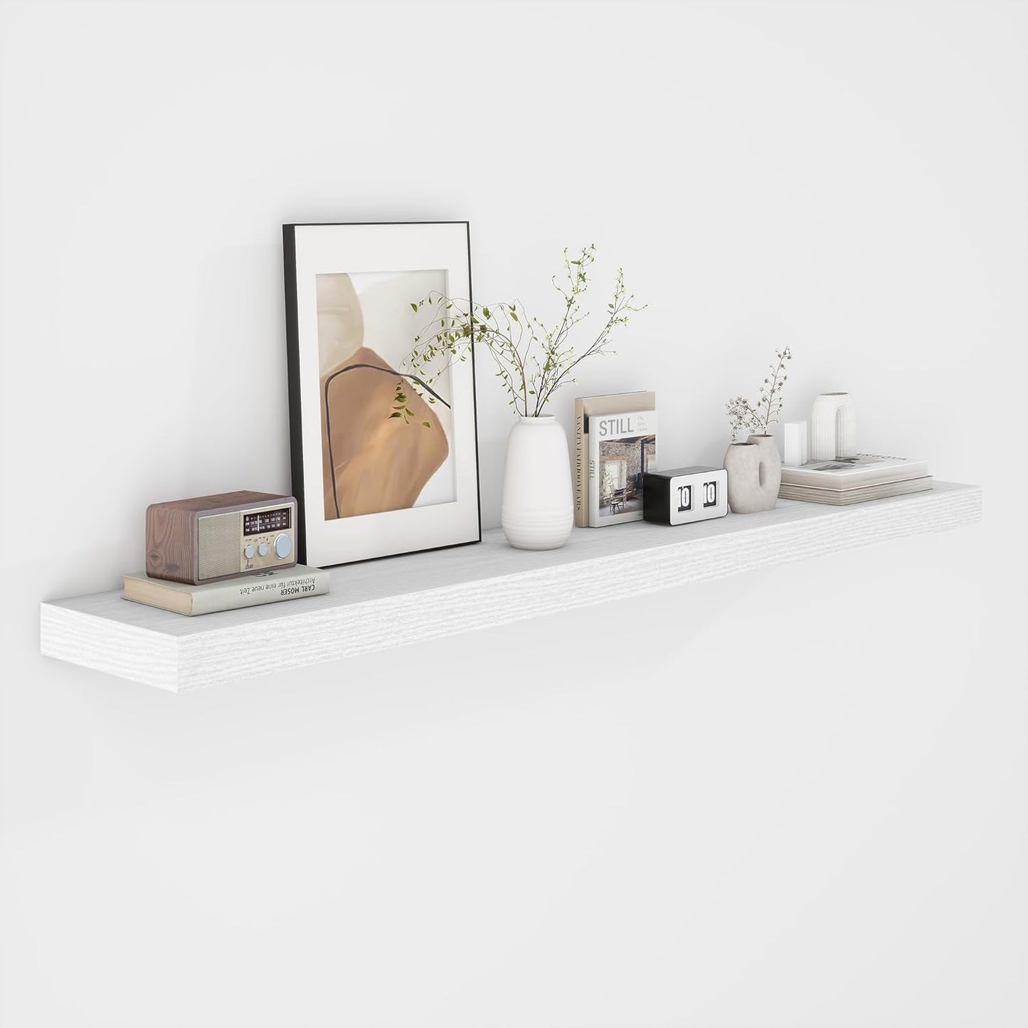 Fun Memories 48 Inch Floating Shelves - Fireplace Mantel Shelf - Deep Wall Mounted Wood Storage Shelf for Bedroom, Kitchen, Farmhouse - 1 Pack, Rustic White