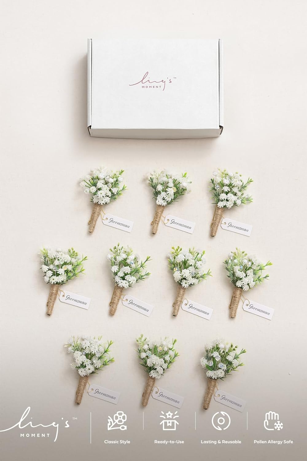 Ling's Moment Boutonniere for Men, 10pcs Groomsmen Guest Boutonniere, Artificial Flowers for Wedding Décor/Prom/Homecoming,etc.Baby Breath White