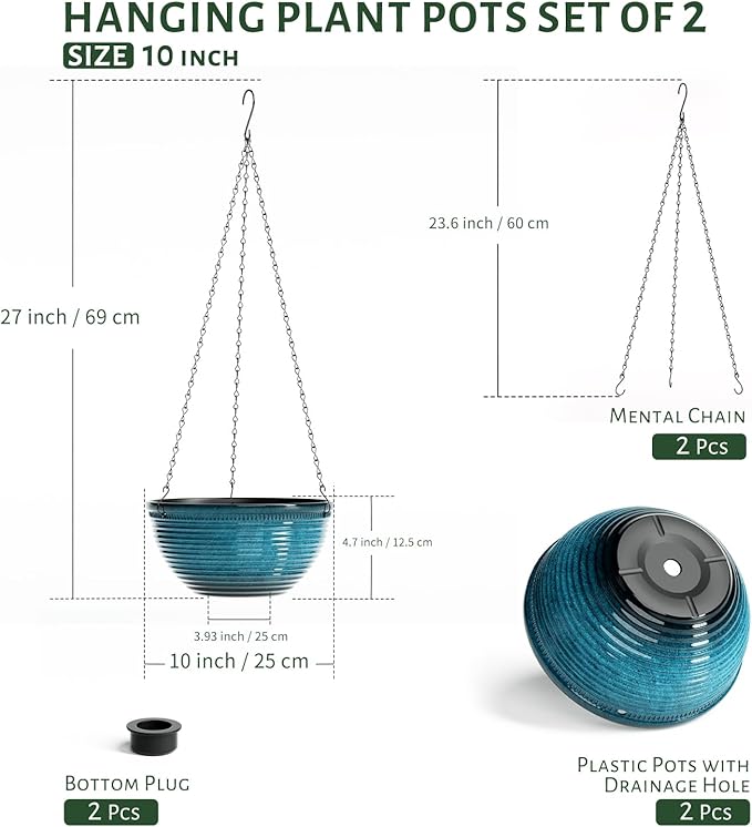 10in Hanging Planters for Indoor and Outdoor Plants, 2 Pack Hanging Planter with Drainage Hole, Round Hanging Flower Pots for Garden Home Decor (Blue)