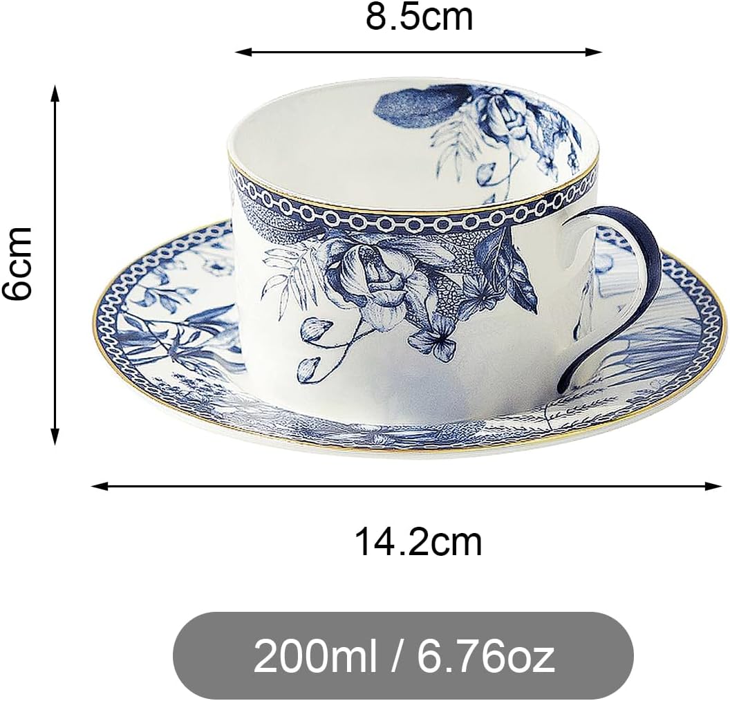 fanquare 6 oz Blue Floral Bone China Tea Cup with Saucer, Hand Print Procelain Cups for Tea Party, British Coffee Cup and Saucer
