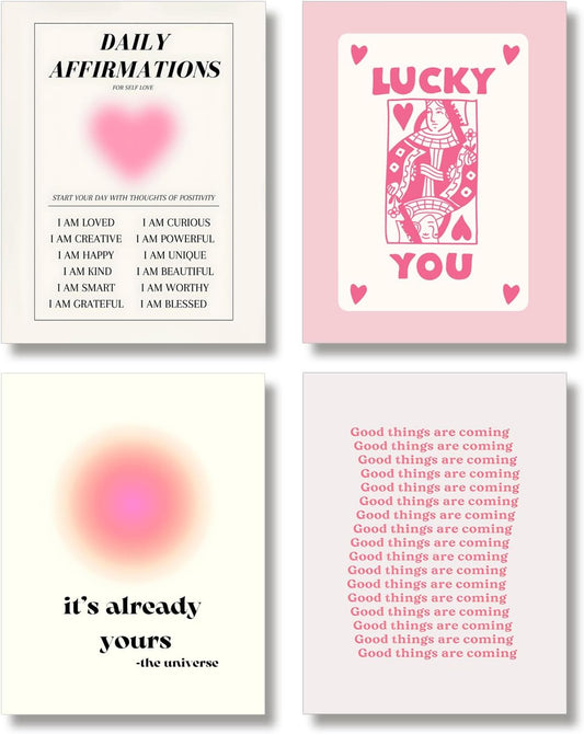 Hwetui Framed Preppy Pink Aura Wall Art Daily Affirmations posters Trendy Y2K Canvas Prints Cute Lucky You Painting Retro Aesthetic Room Decor Picture for College Dorm Bedroom 12x16Inch Set of 4