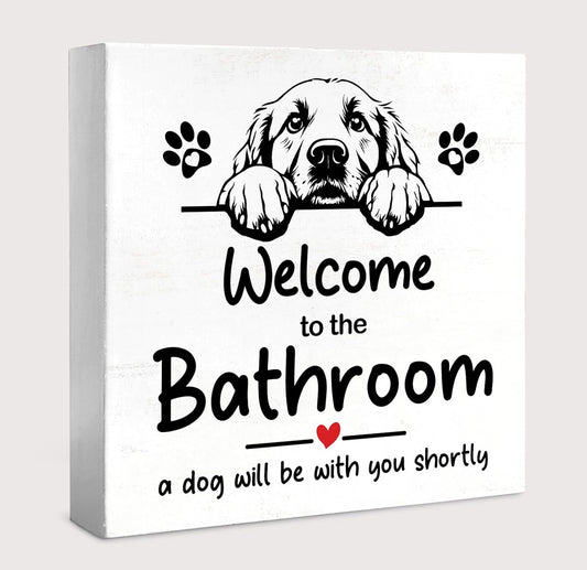 Cute Bathroom Dog Decor and Accessories Wall Desk Wood Box sign, Golden Retriever Bath Decorations for Bathroom Toilet, Welcome Signs, Gifts for Dog Lovers, 5x5 inch