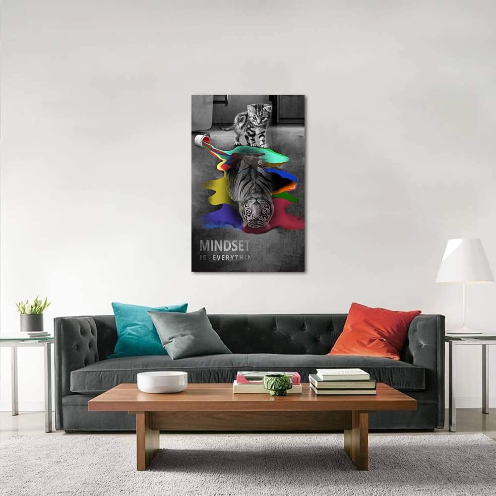 Framed Wall Decor Cute Animals Cat and Tiger Pictures with Inspirational Quotes Mindset Is Everything Motivational Posters Artwork Contemporary Home Decor Large Panel Ready to Hang-28 Wx44 H