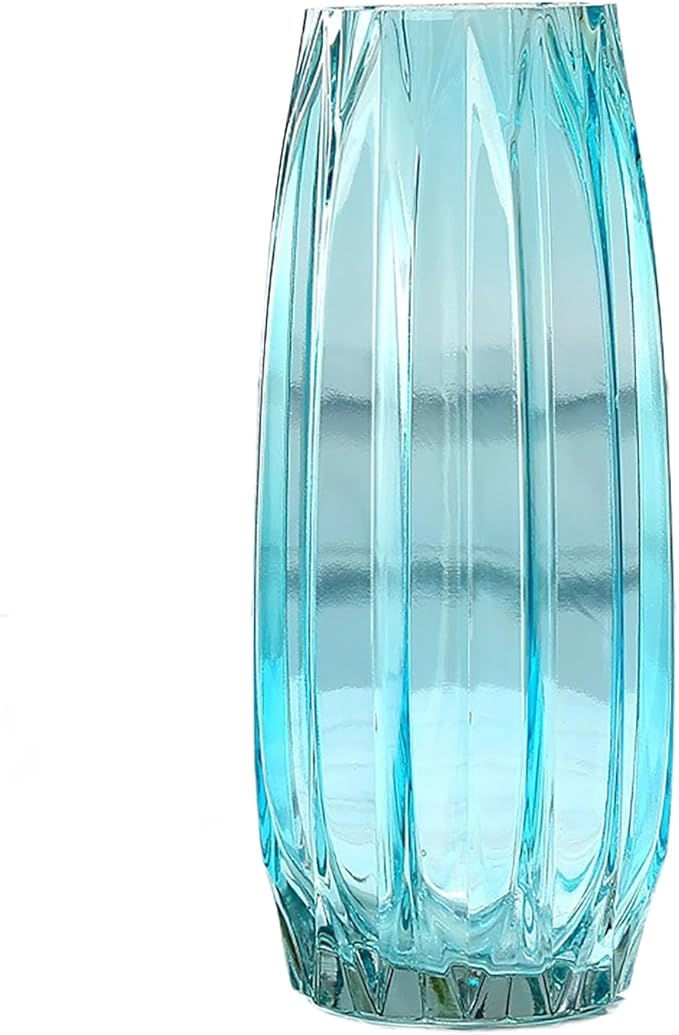 Modern Ribbed Blue Glass Vase for Flowers, Candles, and Decorative Accents - Tall/Short for Centerpieces and Table Decor (12.0inch)