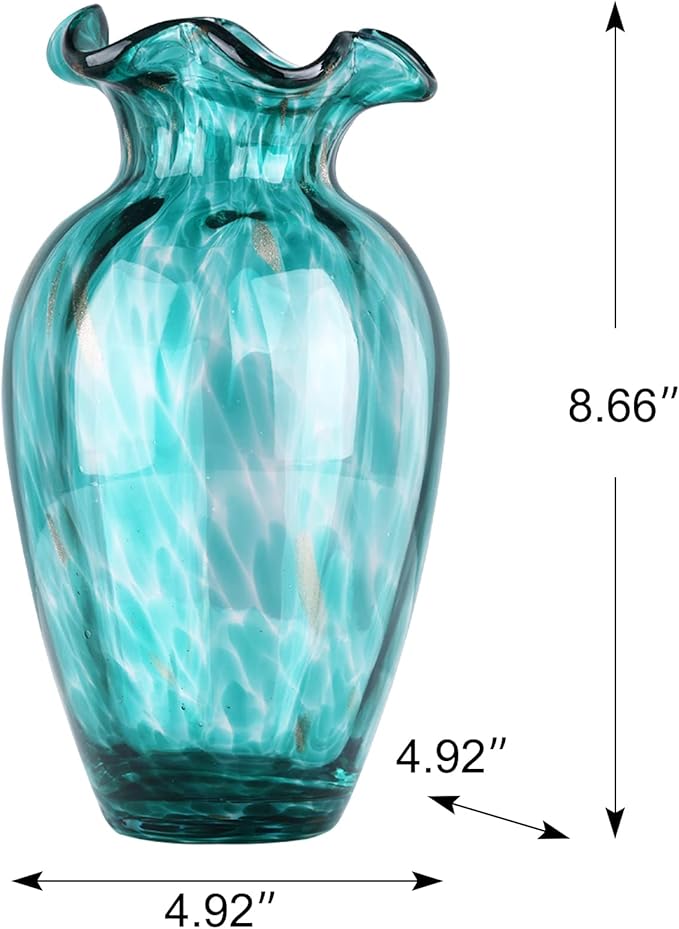 Blown Glass Art Vase - Green, Transparent, Unique, Modern - Wide Mouth for Living Room, Wedding, Dining Table, Office