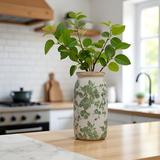 Vintage Green Floral Ceramic Vase, 8 Inch Crackle Glaze Rustic Handmade Vase, Decorative Pottery for Fresh or Dried Flowers, Farmhouse Cottage Modern Rustic Decor