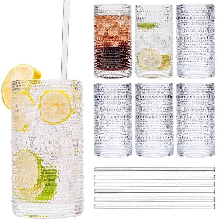 Hobnail Drinking Glasses Vintage Glassware SetVintage Glassware Set (6CLEAR-ADD STRAWS)