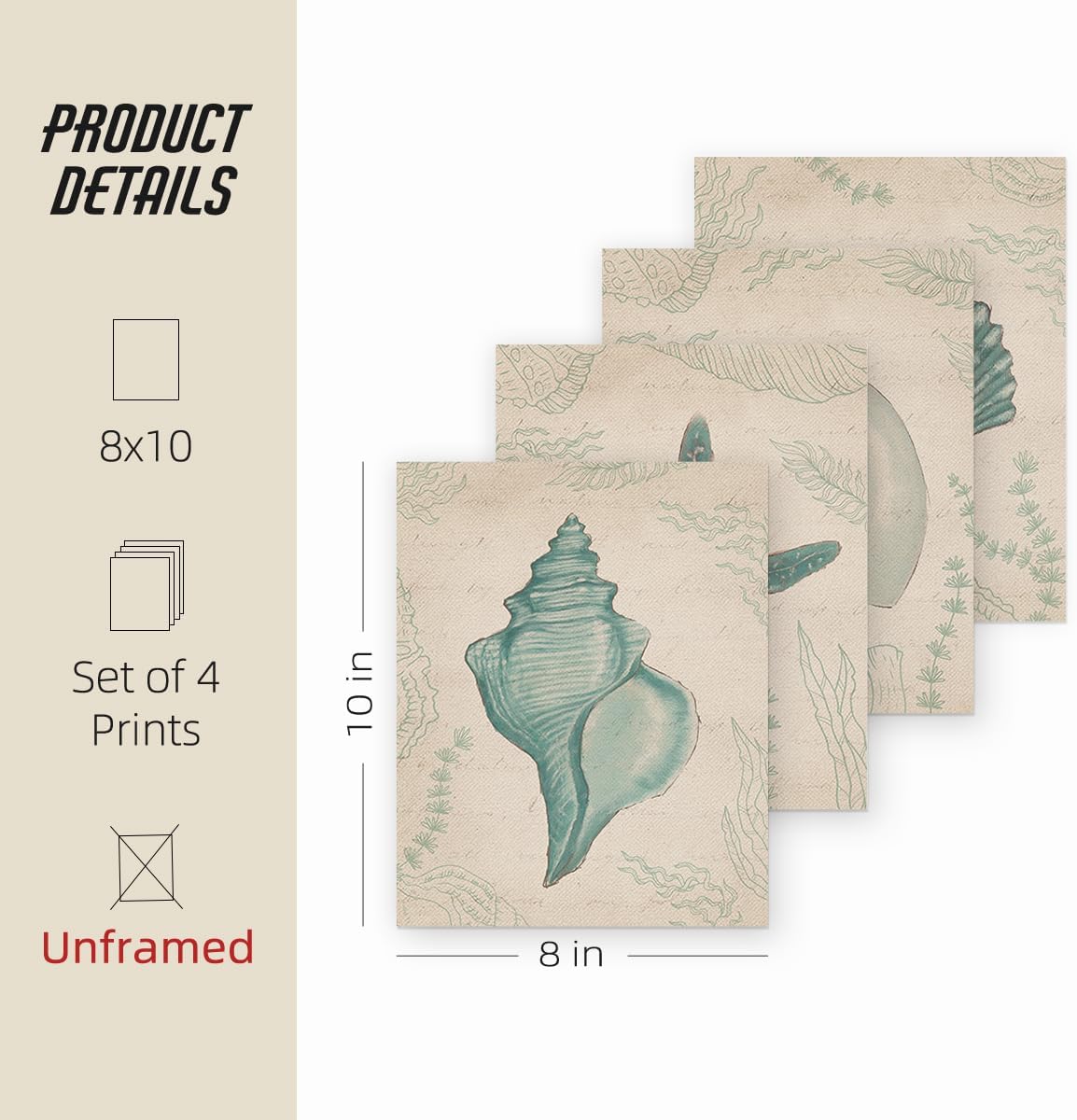 ETVISO Vintage Coastal Wall Art Set of 4, Bathroom Wall Decor, Starfish Seashell Conch Wall Decor, Ocean Theme Decor for Farmhouse Bathroom Coastal Kitchen, 8x10 (Unframed)