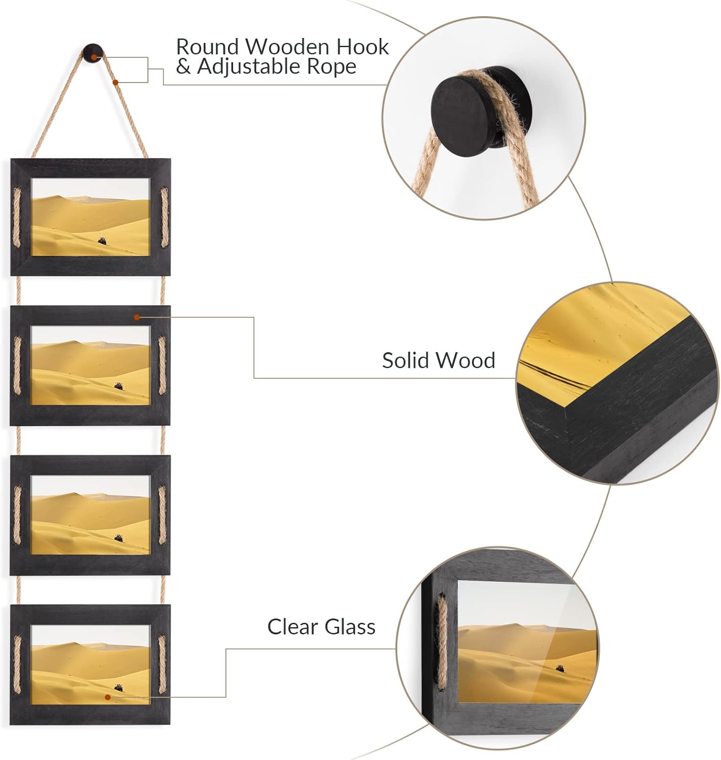 DLQuarts 4x6 Hanging Collage Picture Frames Wall Decor, 4-Opening 4x6 Photo without Mat Rustic Wood Frame with Hemp Rope, 1 Pack, Weathered Black